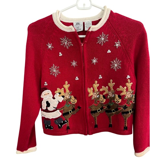 Tiara International Other - VTG Tiara Ugly Christmas Sweater Girls 7 Red Santa Reindeer Knit Cotton Holidays